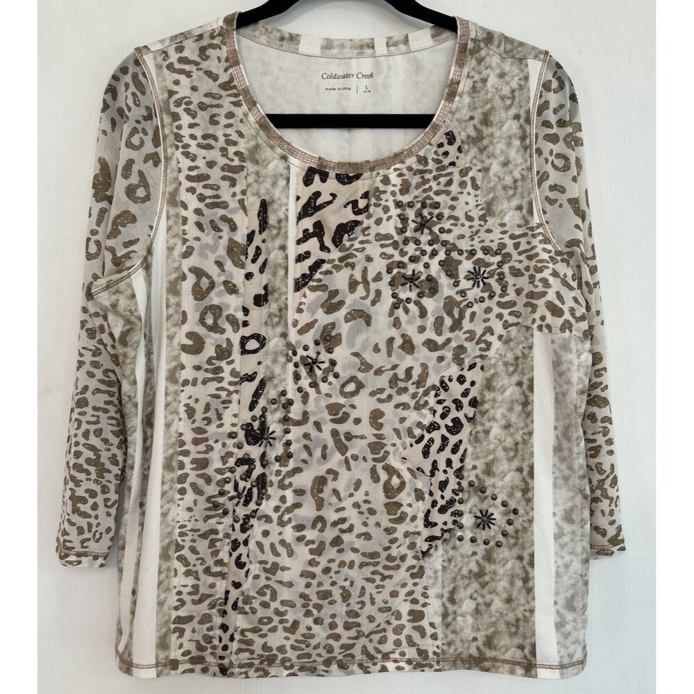 Coldwater Creek Top Mesh 3/4 Sleeve Animal Print Studded Brown Sz Large
